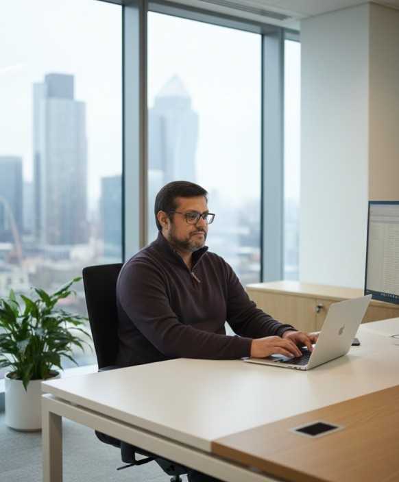 Self assessment accountants reviewing tax return documents in UK office
