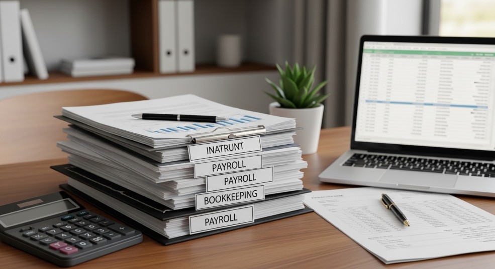 Payroll and bookkeeping services specialist reviewing payroll data on accounting software