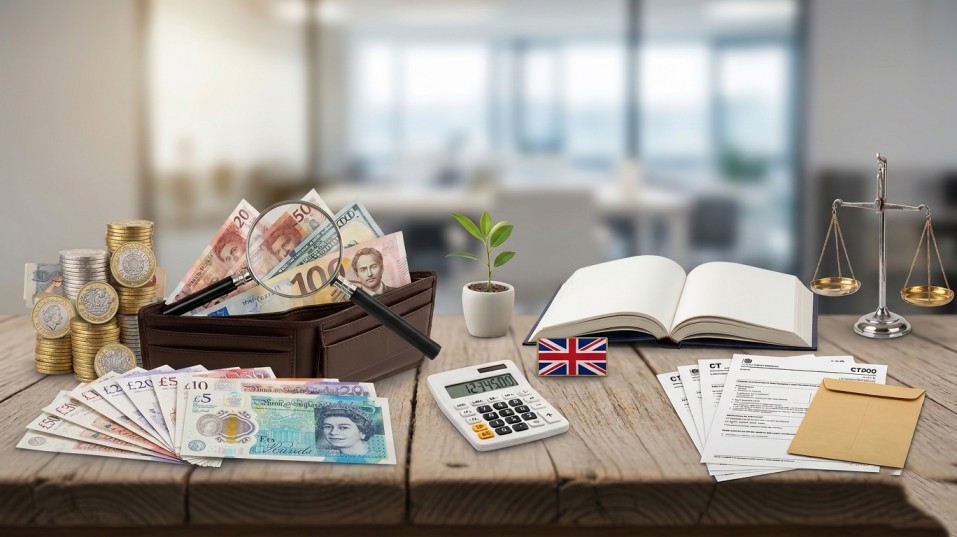 UK accounting desk with pound notes, CT tax forms, and UK flag in a Stanmore office setup.