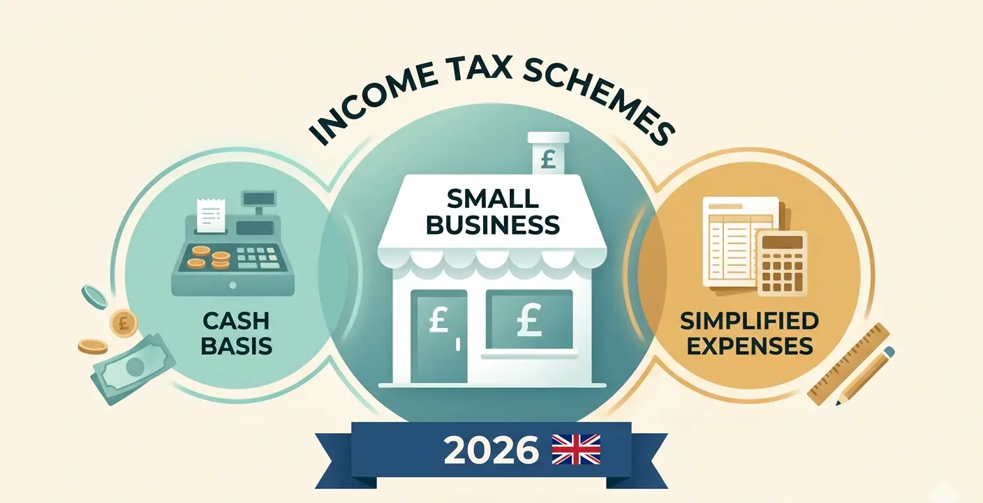 Minimalist 3D diagram showing Income Tax Schemes for Small Businesses UK, highlighting Cash Basis accounting and Simplified Expenses for the 2026 tax year.