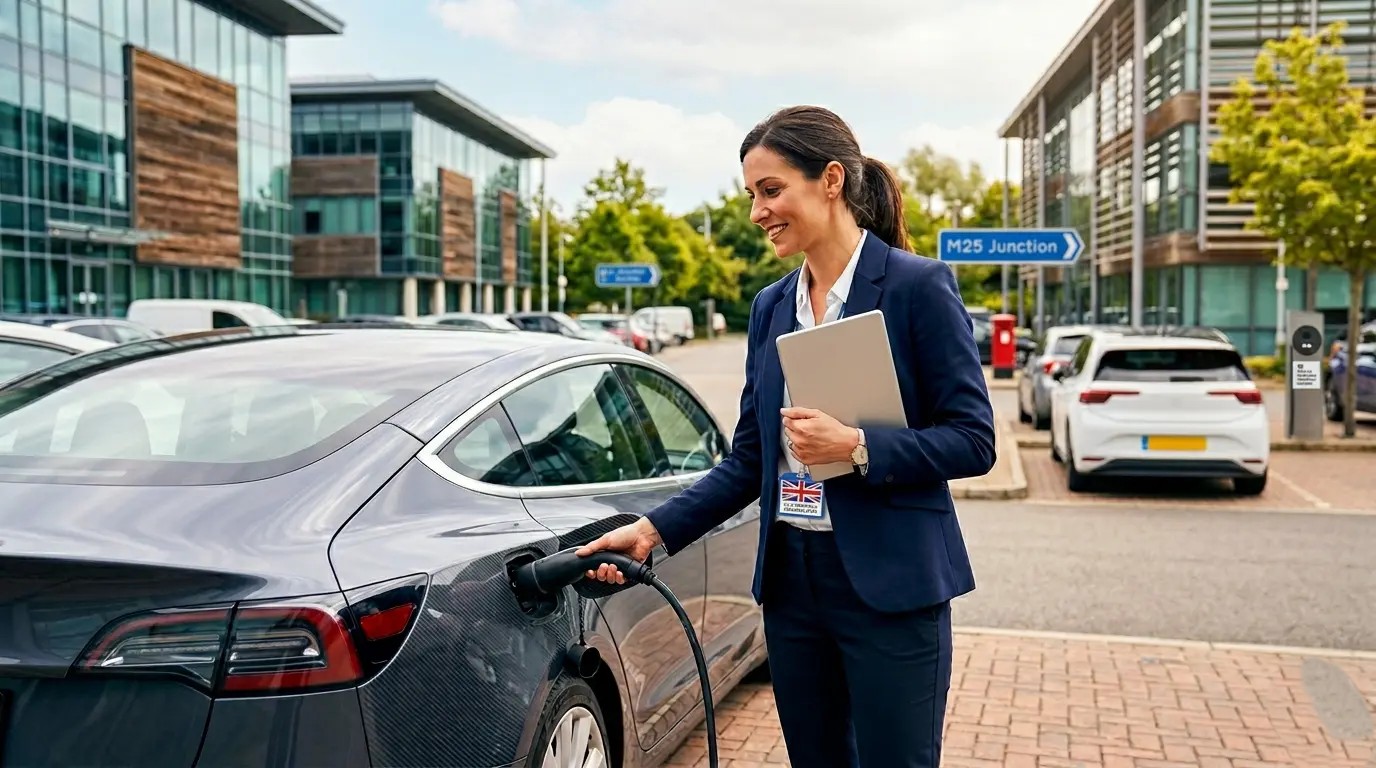 Electric car mileage rates 2026 UK: Professional charging a company vehicle.