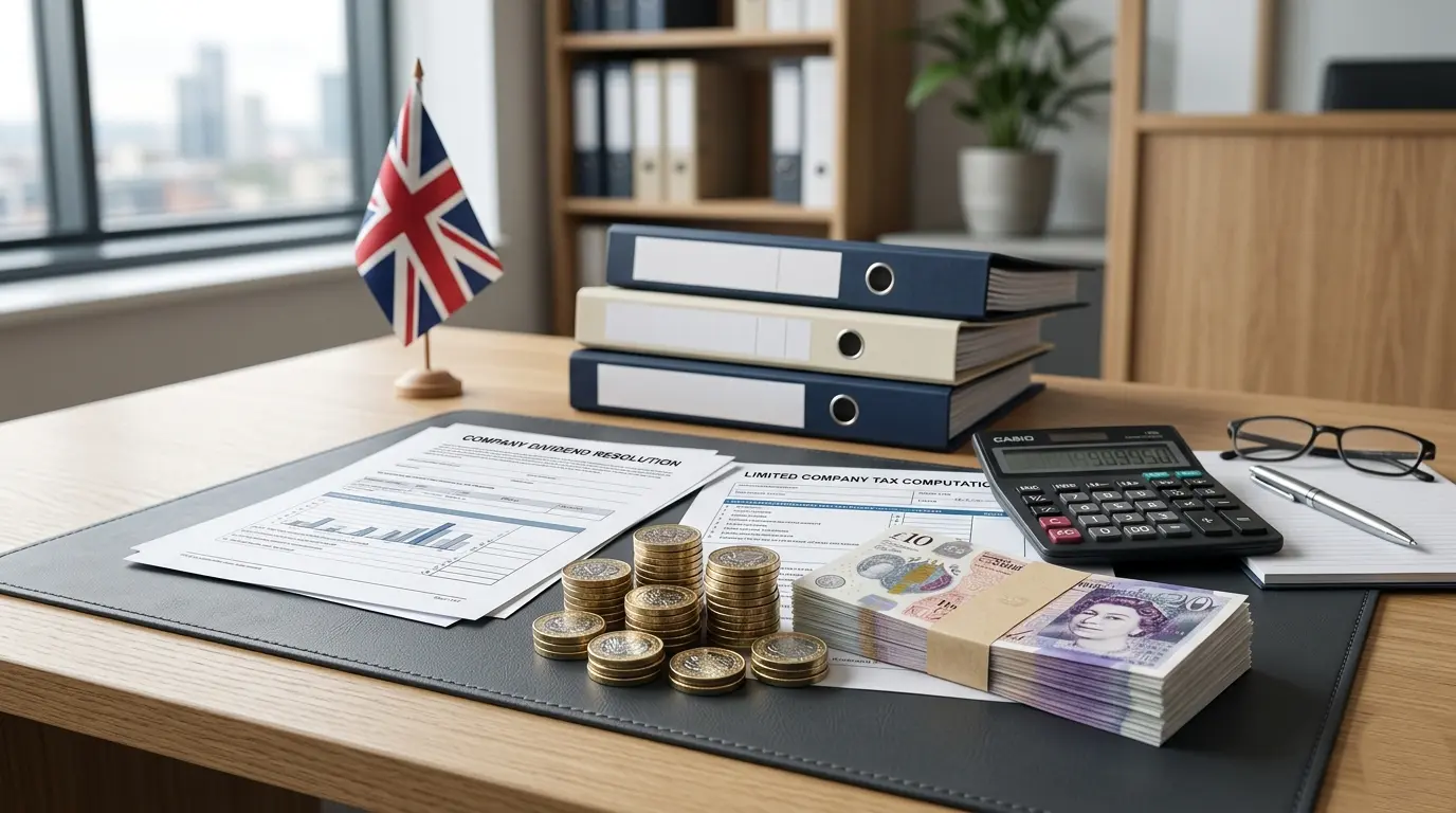 UK dividend tax rates 2026/27 guide for directors, featuring pound currency, calculator, and company tax documents.