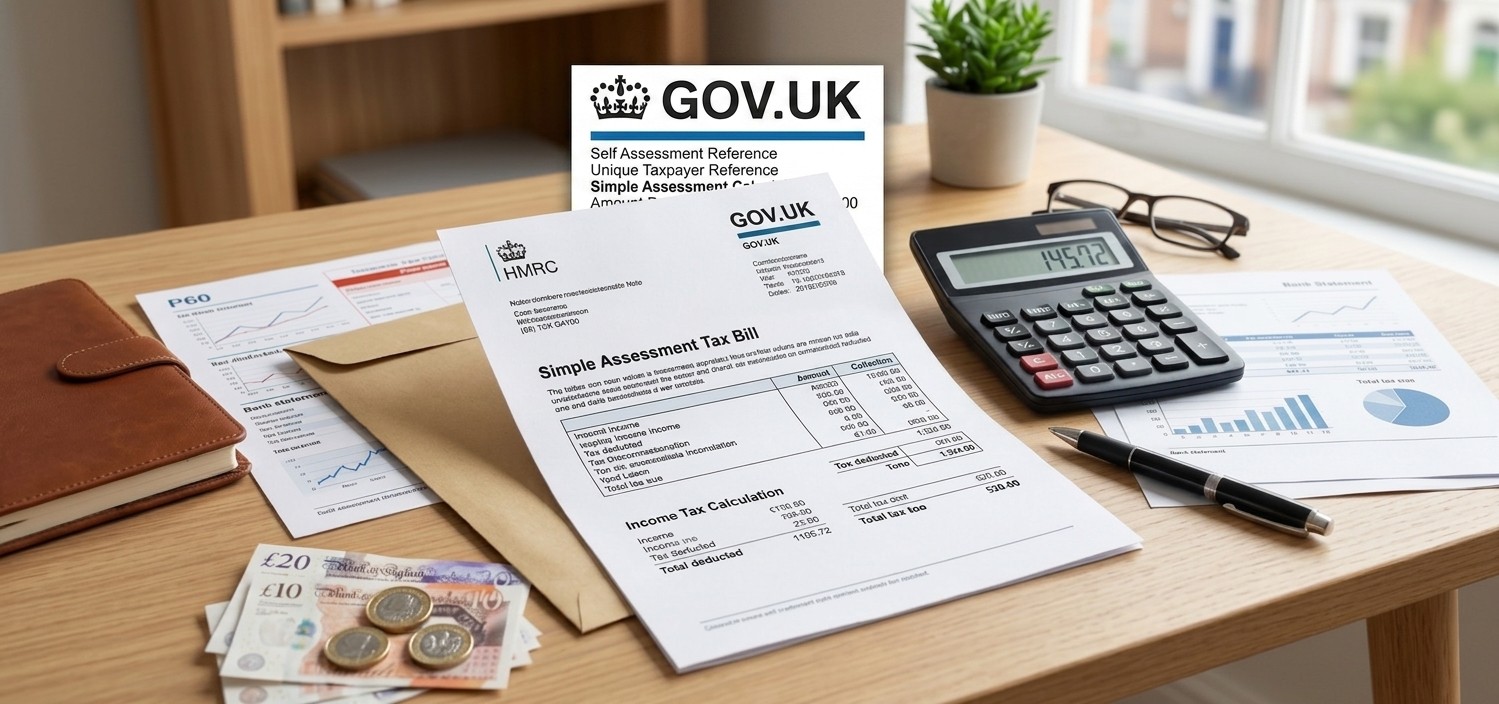 An organized desk layout displaying an HMRC Simple Assessment Tax Bill alongside a calculator, pen, eyeglasses, and UK currency.