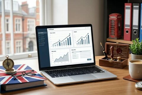 A professional desk in London with a miniature UK flag, cloud accounting on a laptop, and a compass, for a small business accountant UK.