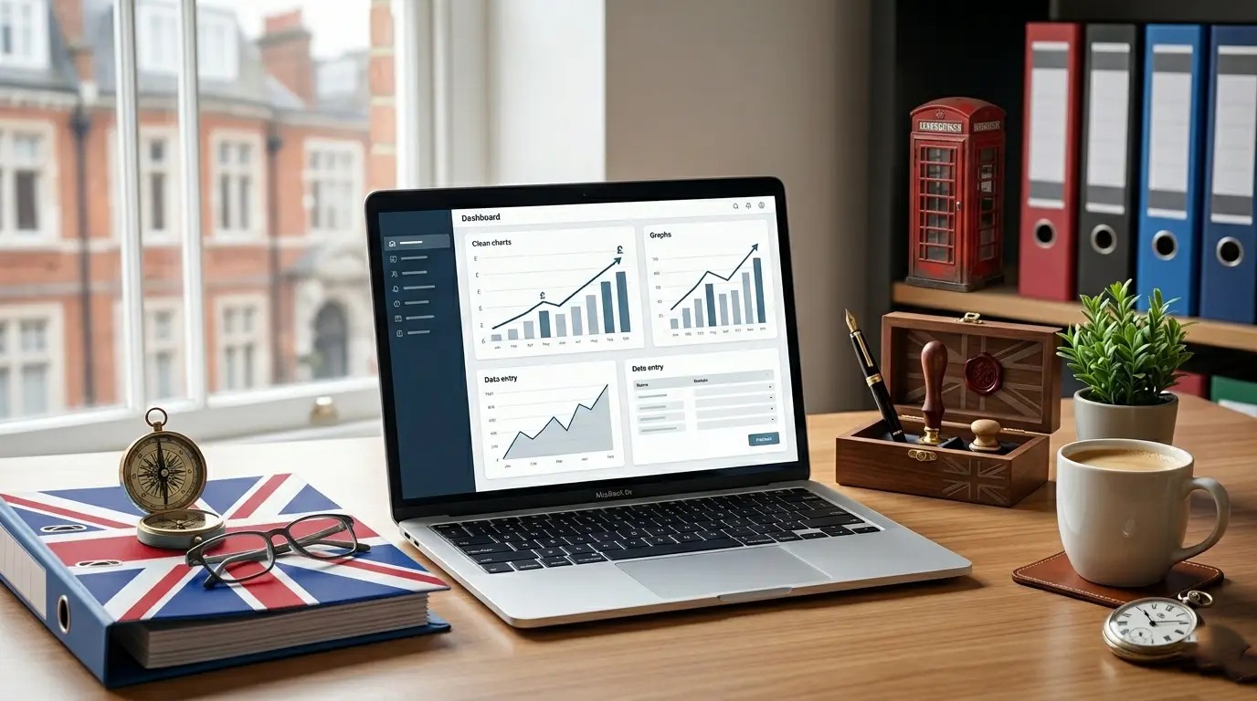 A professional desk in London with a miniature UK flag, cloud accounting on a laptop, and a compass, for a small business accountant UK.