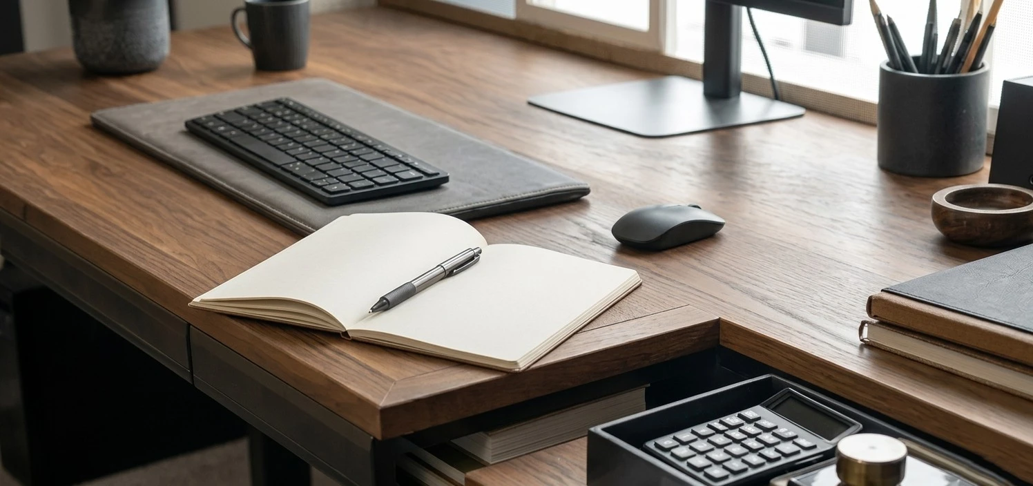 An organized modern wooden desk with an open notebook, pen, calculator, and keyboard, illustrating effective tax planning strategies.