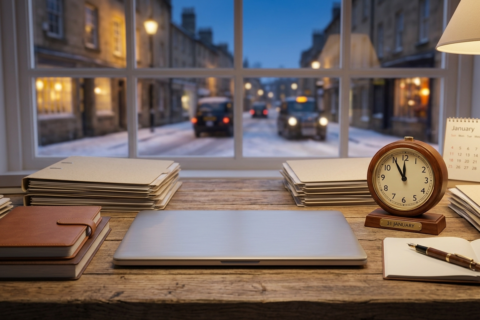 Neat desk with laptop, folders, and calendar showing the January tax return deadline in a UK home office setting.