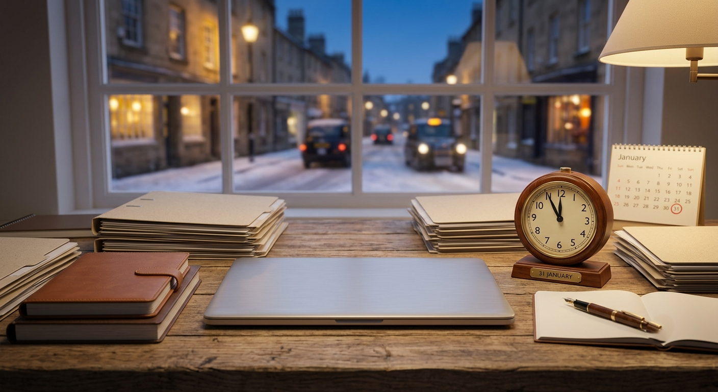 Neat desk with laptop, folders, and calendar showing the January tax return deadline in a UK home office setting.