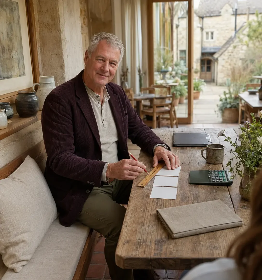 British accountant reviewing financial records and business accounts during a professional client consultation.