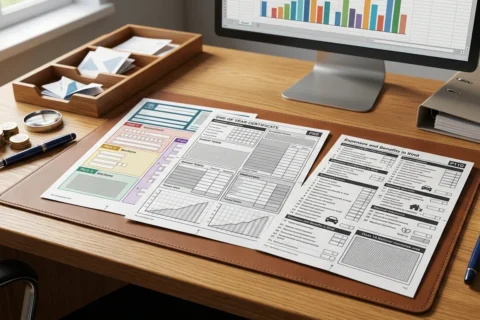 A professional wooden desk setup with three official-style UK statutory payroll forms (P45, P60, and P11D) on a leather mat. The documents feature detailed grids and fields, alongside a pen, a stack of coins, and a computer monitor showing financial charts.