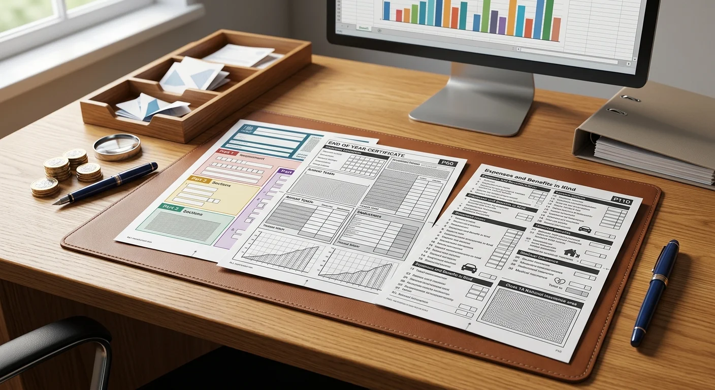 A professional wooden desk setup with three official-style UK statutory payroll forms (P45, P60, and P11D) on a leather mat. The documents feature detailed grids and fields, alongside a pen, a stack of coins, and a computer monitor showing financial charts.