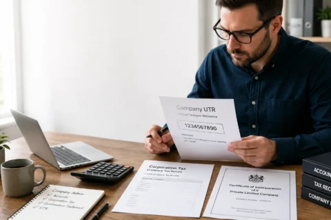 Business professional reviewing a Company UTR number and Corporation Tax documents at a desk