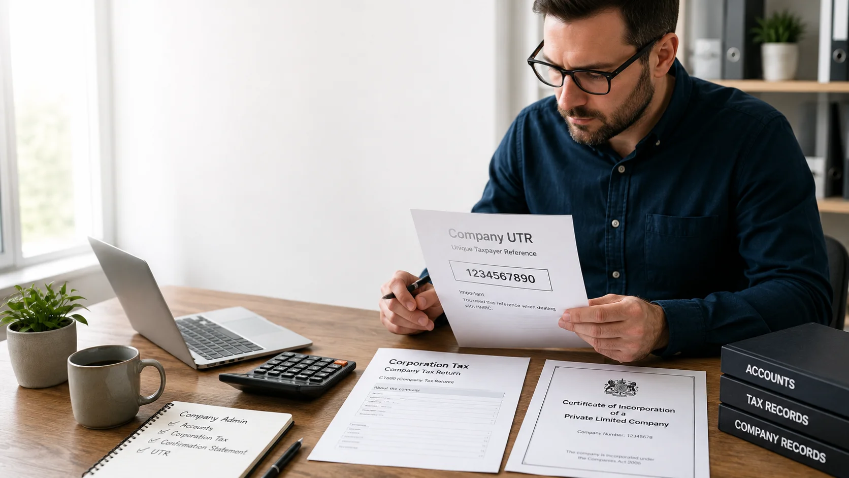 Business professional reviewing a Company UTR number and Corporation Tax documents at a desk