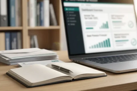 A silver laptop showing an online HMRC Personal Tax Account dashboard with tax code and self-assessment charts, resting on a wooden desk with notebooks and pens in an office setting.