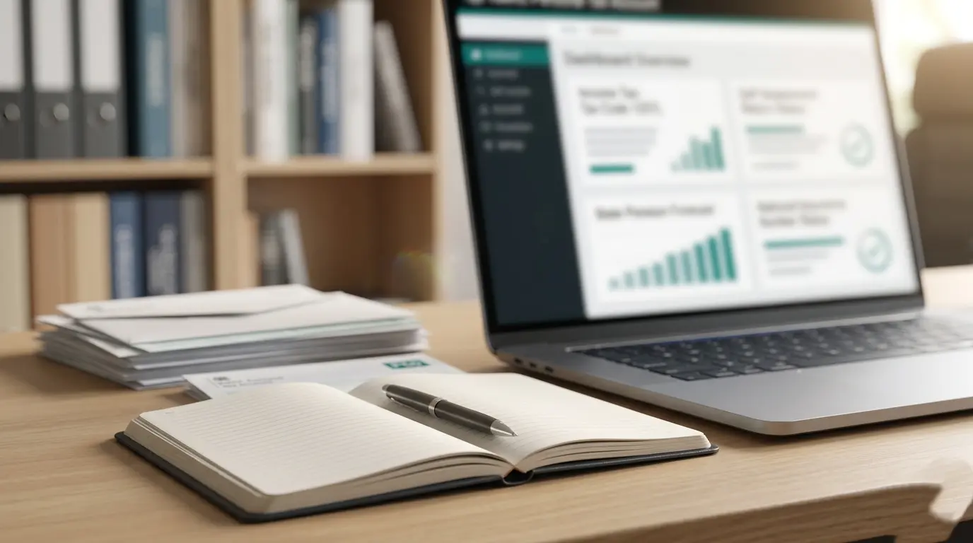 A silver laptop showing an online HMRC Personal Tax Account dashboard with tax code and self-assessment charts, resting on a wooden desk with notebooks and pens in an office setting.