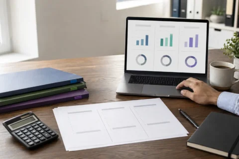 Photorealistic image of two financial professionals in a London office discussing VCT, EIS and SEIS tax-efficient investments on a laptop. Labeled folders and comparison charts are visible on a wooden desk.