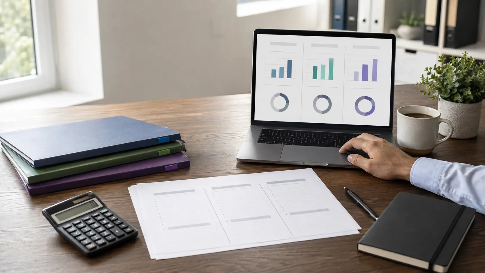 Photorealistic image of two financial professionals in a London office discussing VCT, EIS and SEIS tax-efficient investments on a laptop. Labeled folders and comparison charts are visible on a wooden desk.