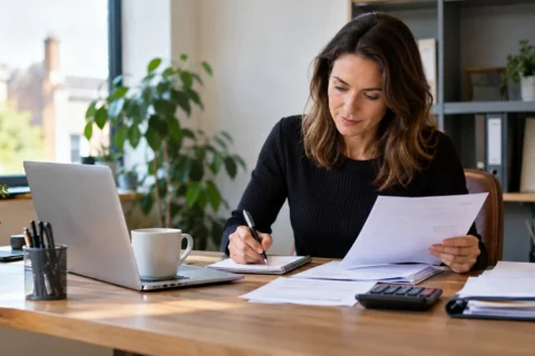 Woman reviewing tax documents while preparing a Self-Assessment registration in the UK