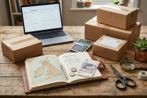 Overhead view of a UK side hustle desk with packed shipping boxes, a laptop dashboard, and GBP cash.