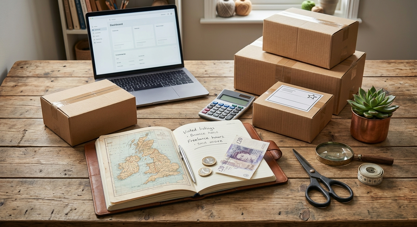 Overhead view of a UK side hustle desk with packed shipping boxes, a laptop dashboard, and GBP cash.