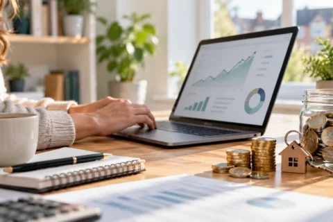 Person reviewing savings and investments on a laptop beside pound coins, a savings jar and a house key in a home office.