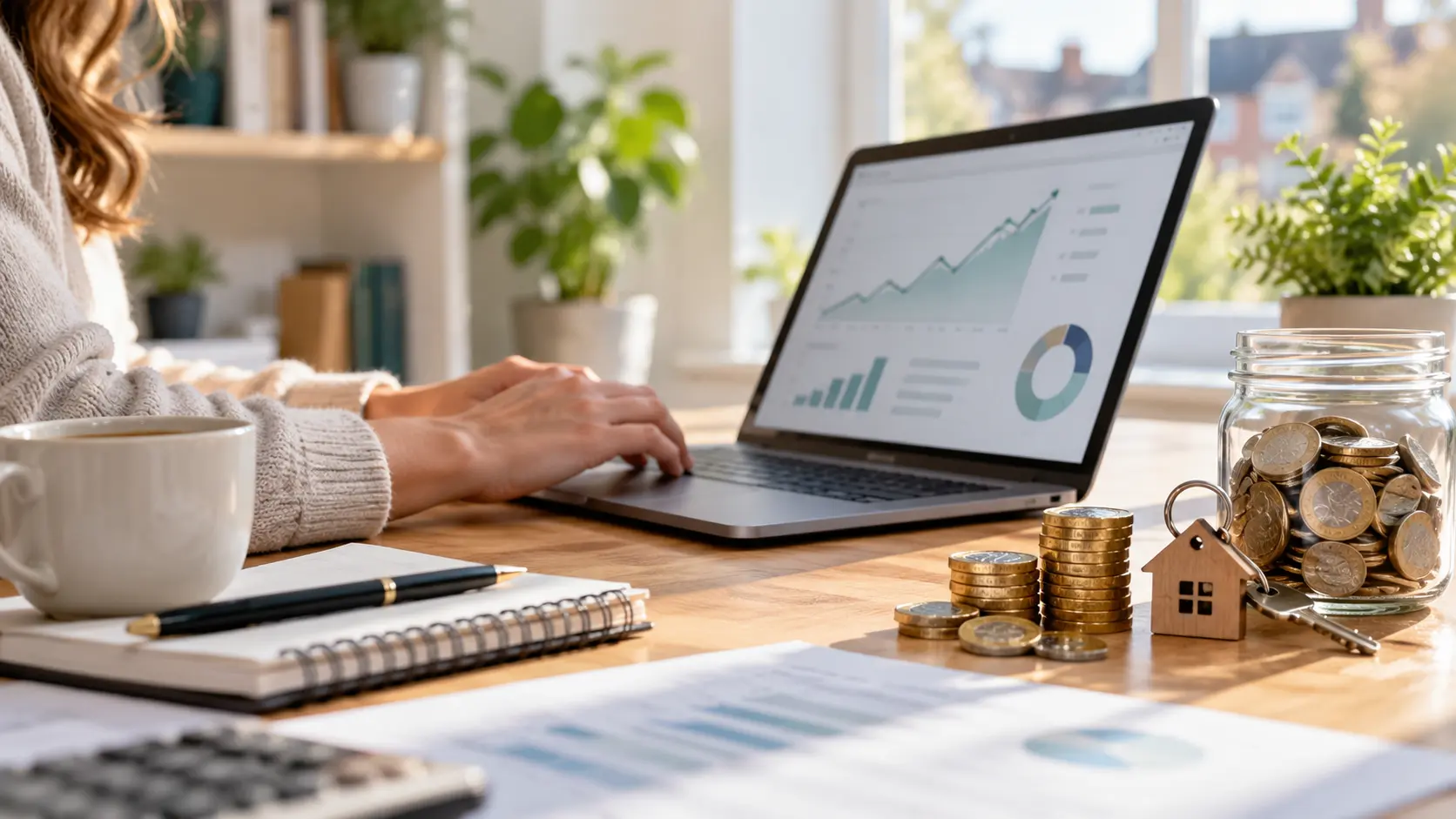 Person reviewing savings and investments on a laptop beside pound coins, a savings jar and a house key in a home office.