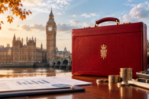 Red UK Budget briefcase with British pound coins and financial documents overlooking the Houses of Parliament in London.