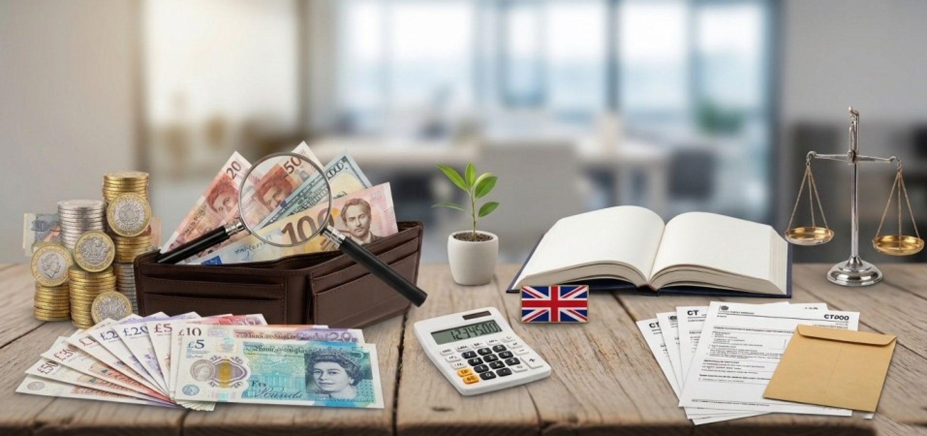 UK accounting desk with pound notes, CT tax forms, and UK flag in a Stanmore office setup.