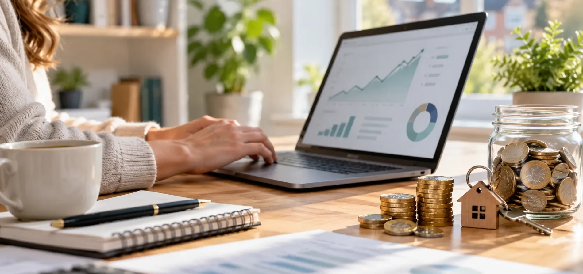 Person reviewing savings and investments on a laptop beside pound coins, a savings jar and a house key in a home office.