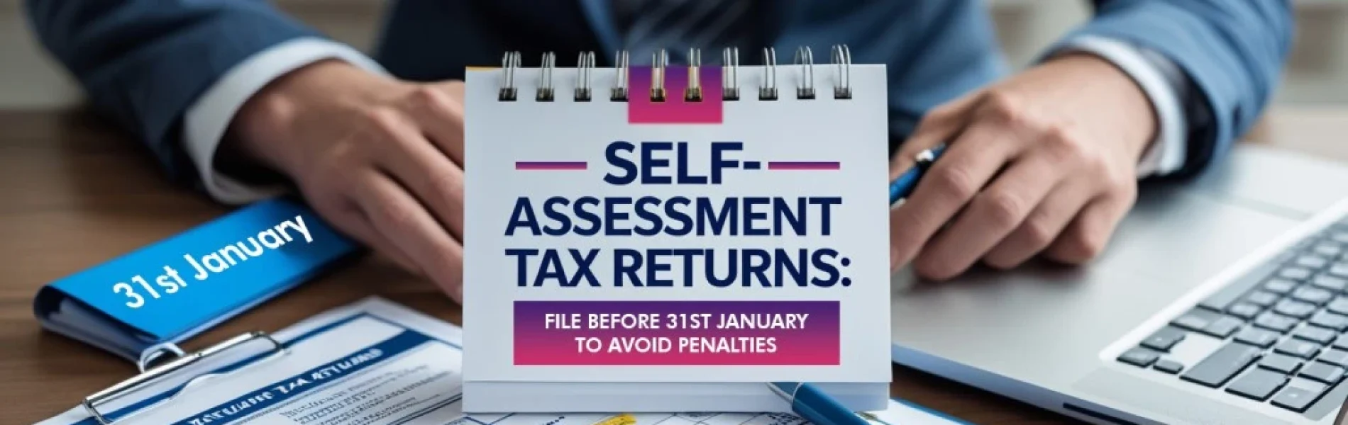 Self-Assessment tax return form with calculator and financial documents for UK tax filing