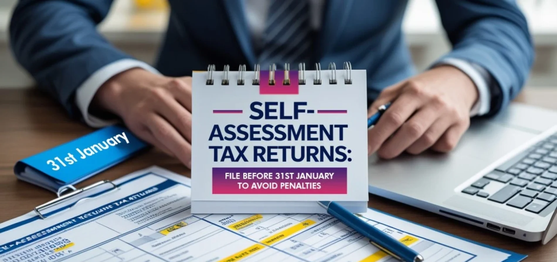 Self-Assessment tax return form with calculator and financial documents for UK tax filing