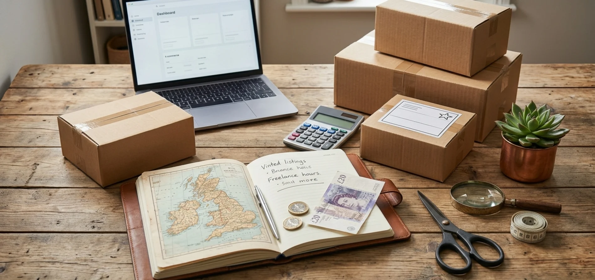 Overhead view of a UK side hustle desk with packed shipping boxes, a laptop dashboard, and GBP cash.