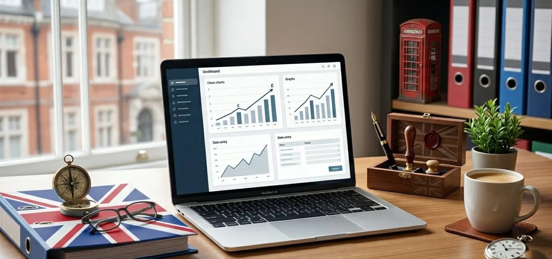 A professional desk in London with a miniature UK flag, cloud accounting on a laptop, and a compass, for a small business accountant UK.