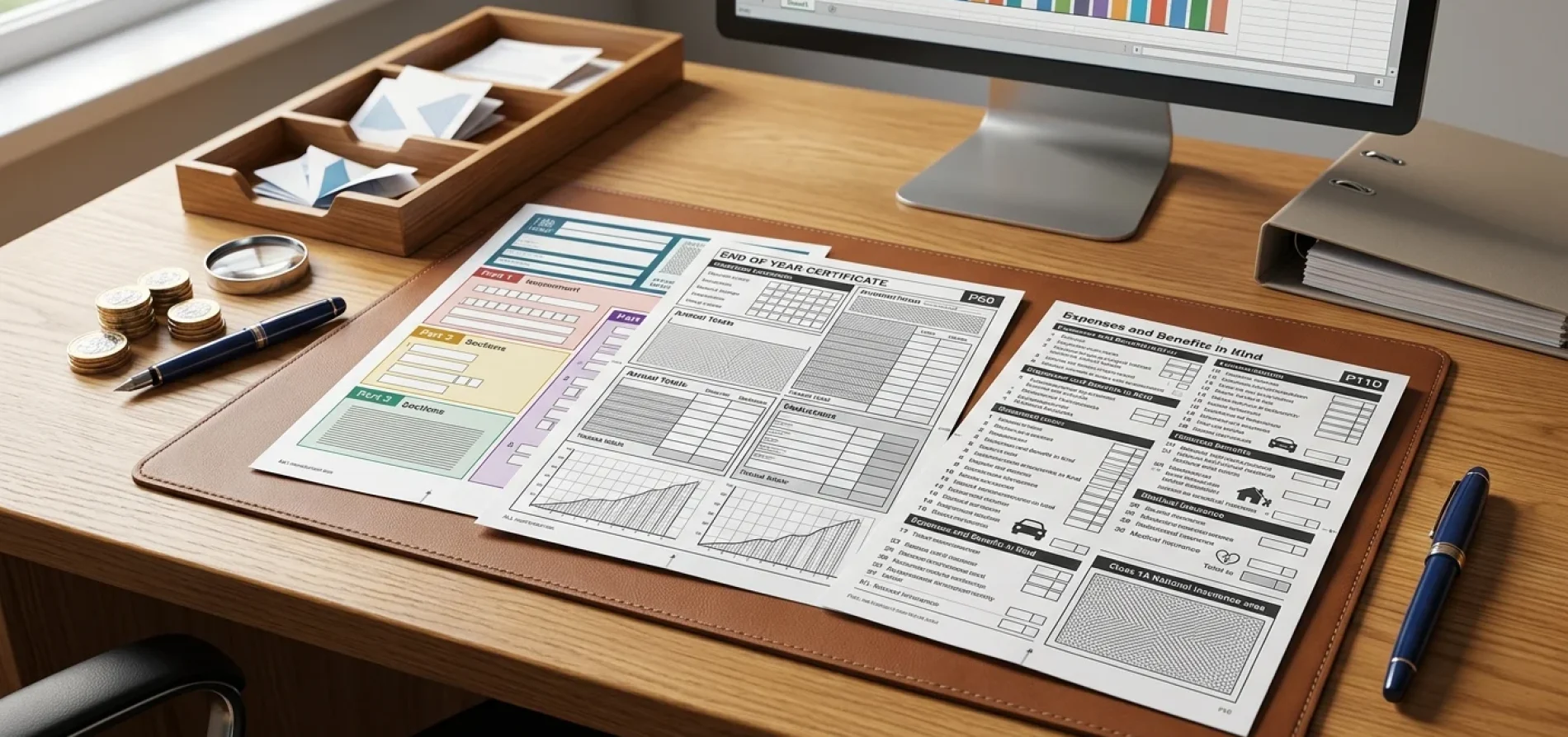A professional wooden desk setup with three official-style UK statutory payroll forms (P45, P60, and P11D) on a leather mat. The documents feature detailed grids and fields, alongside a pen, a stack of coins, and a computer monitor showing financial charts.
