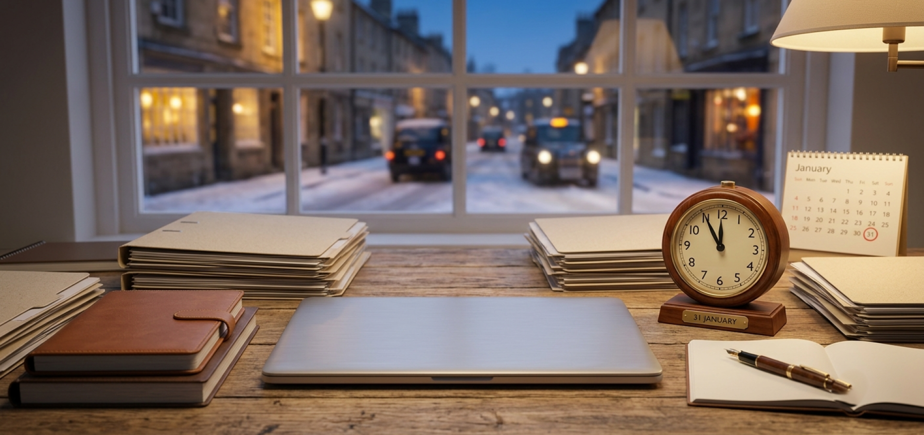 Neat desk with laptop, folders, and calendar showing the January tax return deadline in a UK home office setting.
