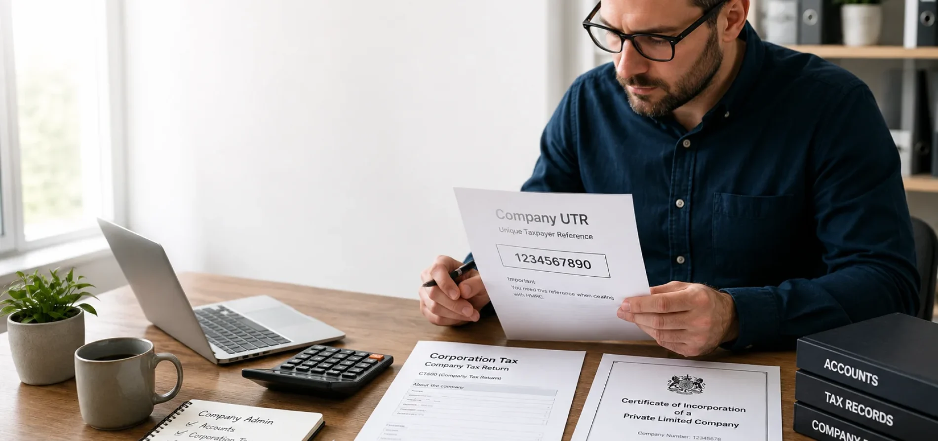 Business professional reviewing a Company UTR number and Corporation Tax documents at a desk