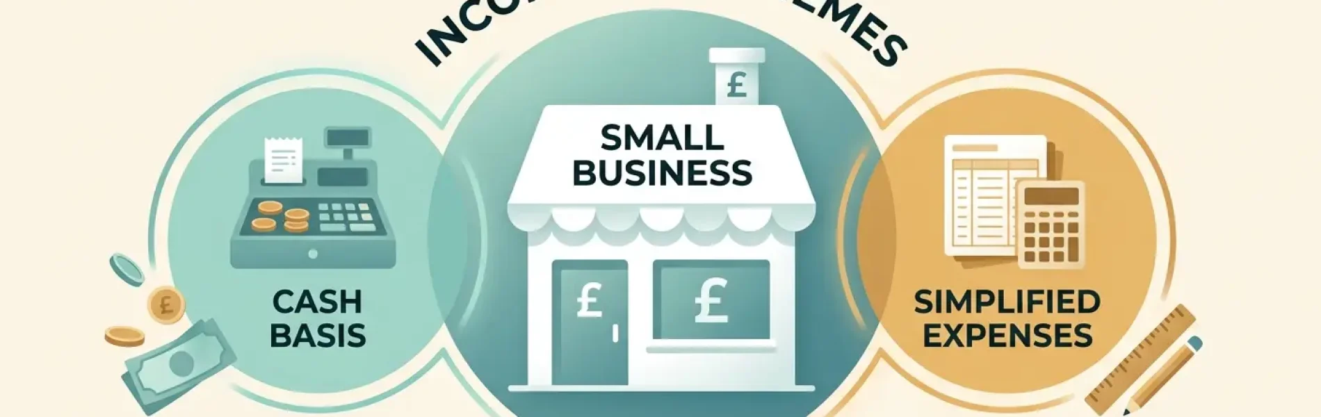 Minimalist 3D diagram showing Income Tax Schemes for Small Businesses UK, highlighting Cash Basis accounting and Simplified Expenses for the 2026 tax year.