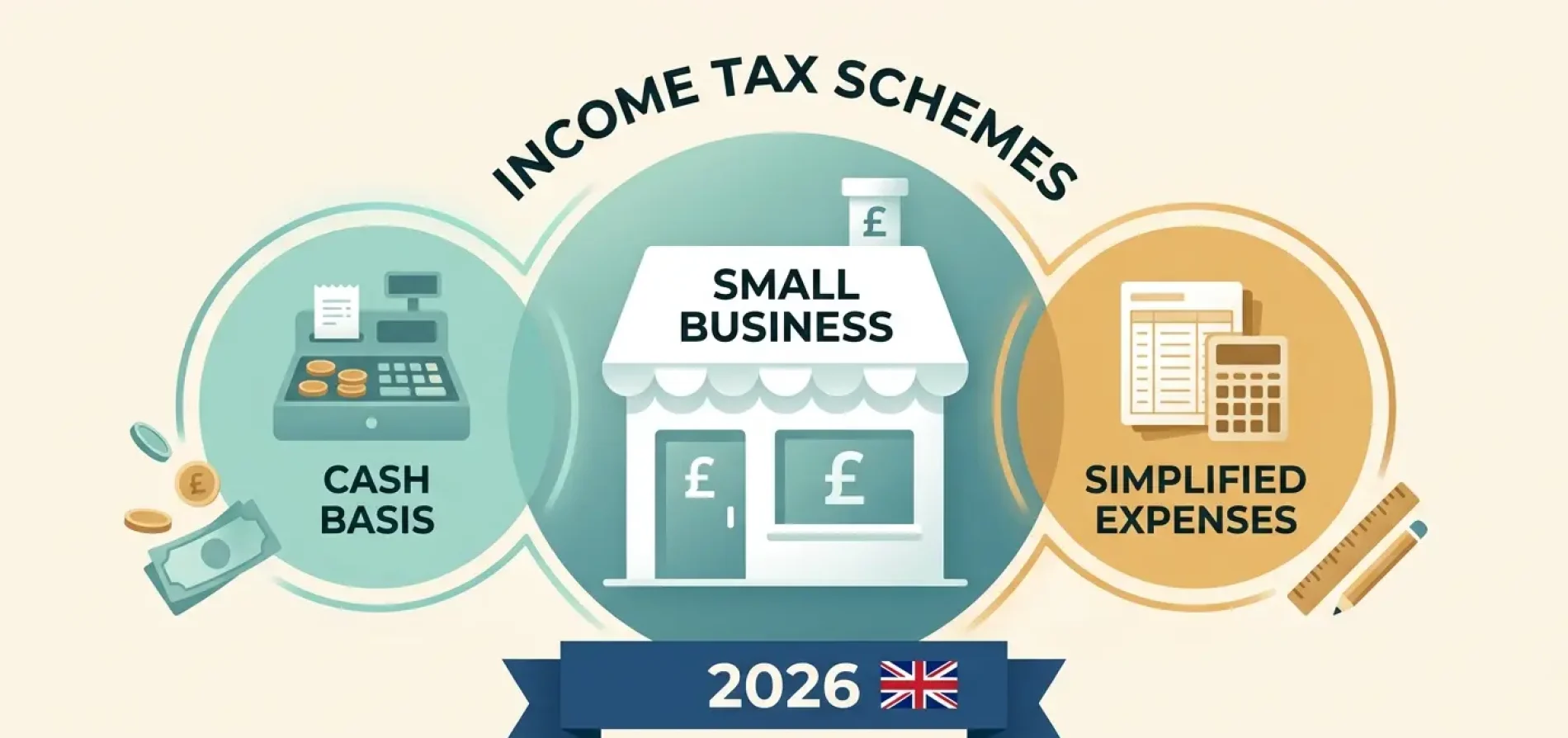 Minimalist 3D diagram showing Income Tax Schemes for Small Businesses UK, highlighting Cash Basis accounting and Simplified Expenses for the 2026 tax year.