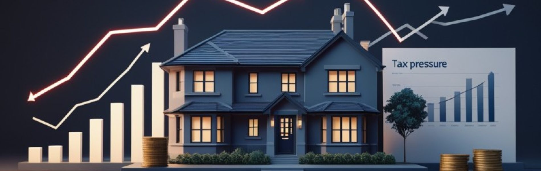 Illustration showing UK property, financial charts and investment symbols representing 2025 Budget tax changes affecting property, dividend and savings income.