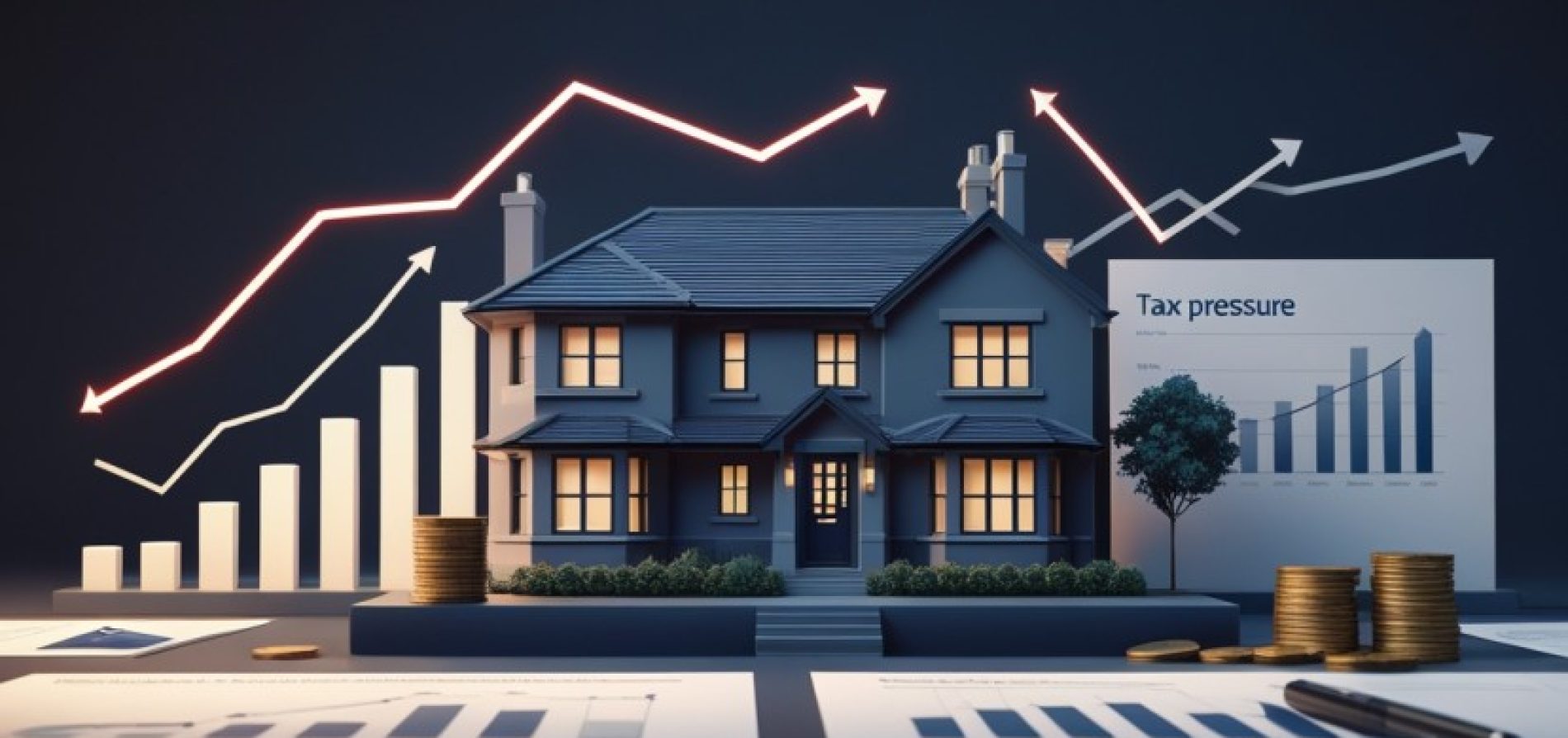Illustration showing UK property, financial charts and investment symbols representing 2025 Budget tax changes affecting property, dividend and savings income.
