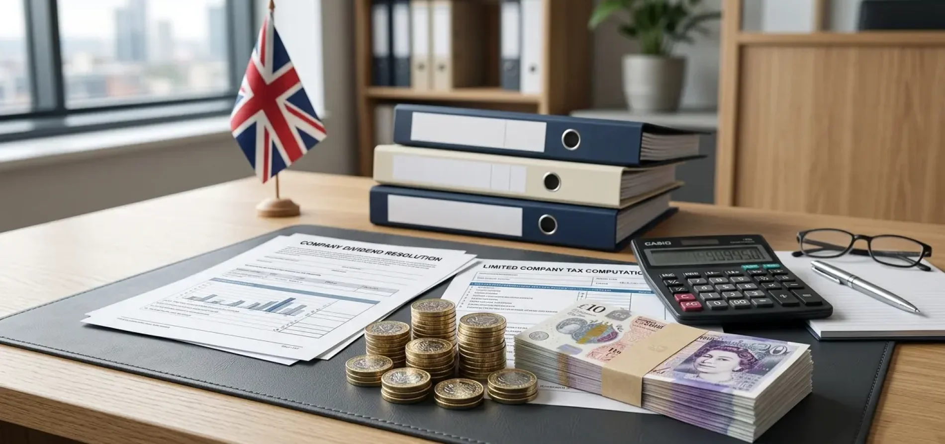 UK dividend tax rates 2026/27 guide for directors, featuring pound currency, calculator, and company tax documents.
