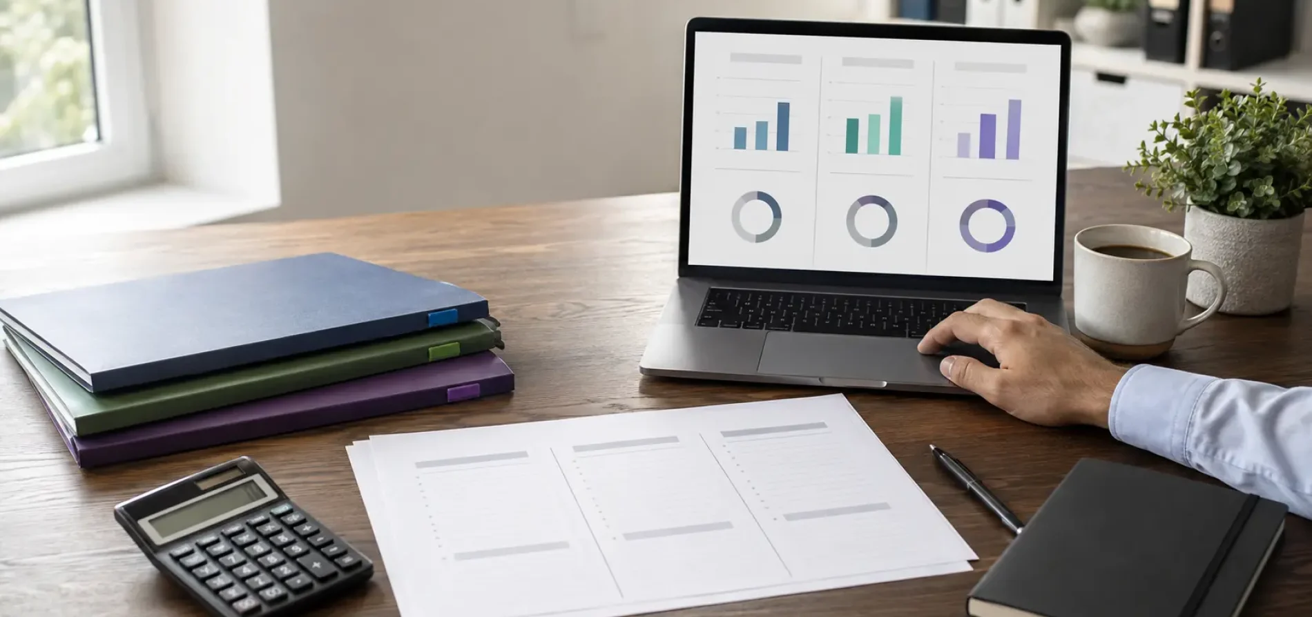 Photorealistic image of two financial professionals in a London office discussing VCT, EIS and SEIS tax-efficient investments on a laptop. Labeled folders and comparison charts are visible on a wooden desk.